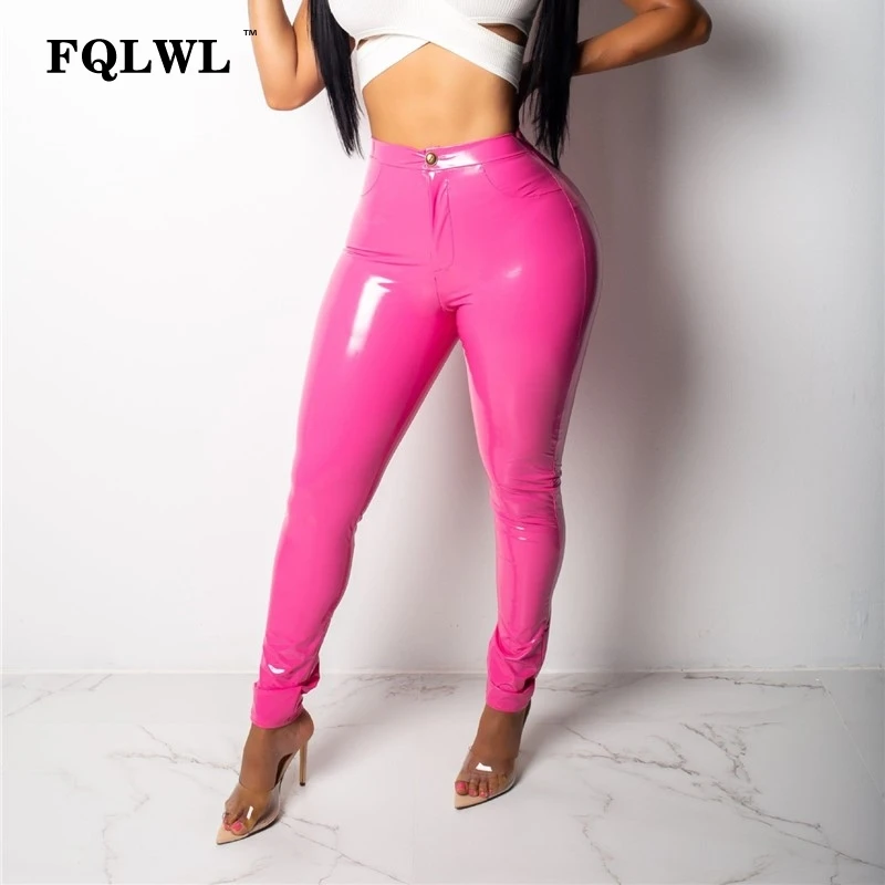 FQLWL Pu искусственная кожа брюки женские черные с высокой талией облегающие Женские брюки карандаш брюки женские осенние зимние Сексуальные Обтягивающие Брюки - Цвет: pink 4520