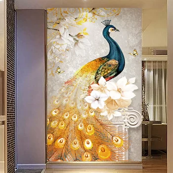

Custom Mural Wall Covering European Retro Golden Peacock Abstract Floral Bedroom Living Room TV Background Art Modern 3D Mural