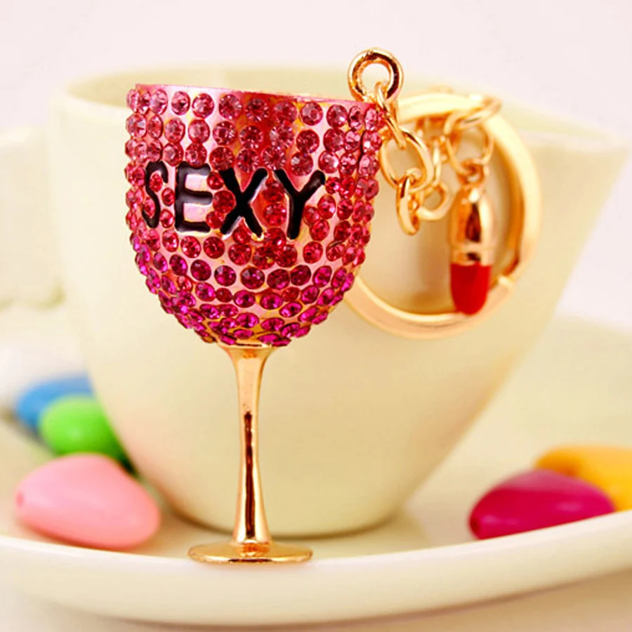 Llaveros!creative Rhinestone Sexy Wineglass Key Chains Ring Holder