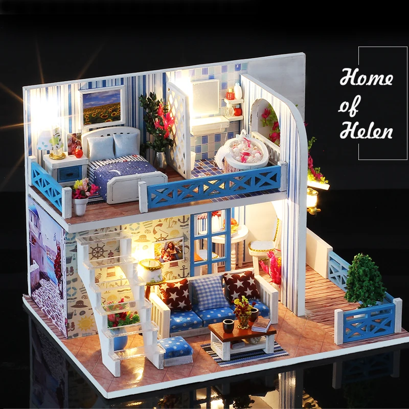 

DIY Doll House Wooden Doll Houses Miniature Dollhouse Furniture Kit with LED Toys For children Christmas Gift Color box
