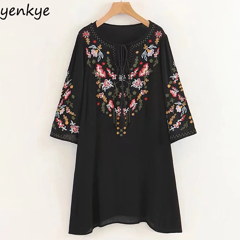 

Summer Dress Women Floral Embroidery Dress Tassel Lace Up O Neck Half Sleeve Loose Casual Dresses SDP8463