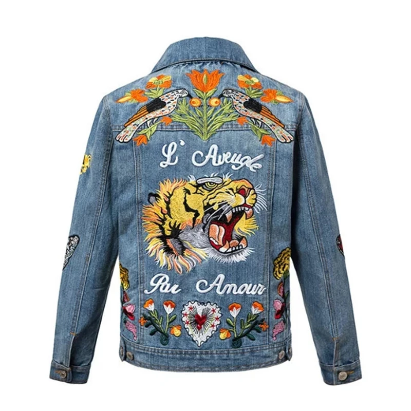 Women Tiger Embroidered Denim Jackets Cute Animal Bird Floral Butterfly Jacket Casual Jeans Coat 