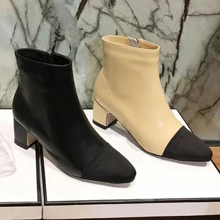 

European Stylish Hot Brand Woman Boots Chic High Heels Mid-Calf Boots Mixed Color Short Booties Side Zipper Hommes Chaussures