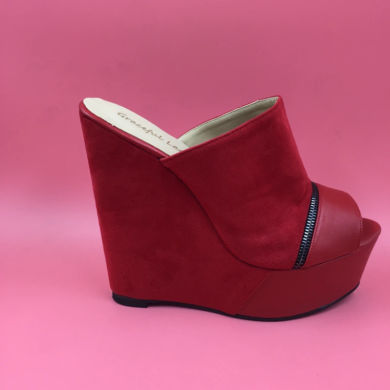 

Red Suede Zipper Women Slipper Platform Open Toe Wedge Slides Shoes Women Plus Size 45 Open Heels Wedge Sandal Slippers