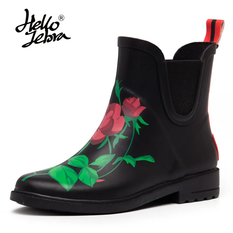 

Hellozebra Women Short Rain Boots Floral Rose Ladies Non-Slip Rubber MIid-Calf Hoof Heels Waterproof Buckle Rainboots Waterproof
