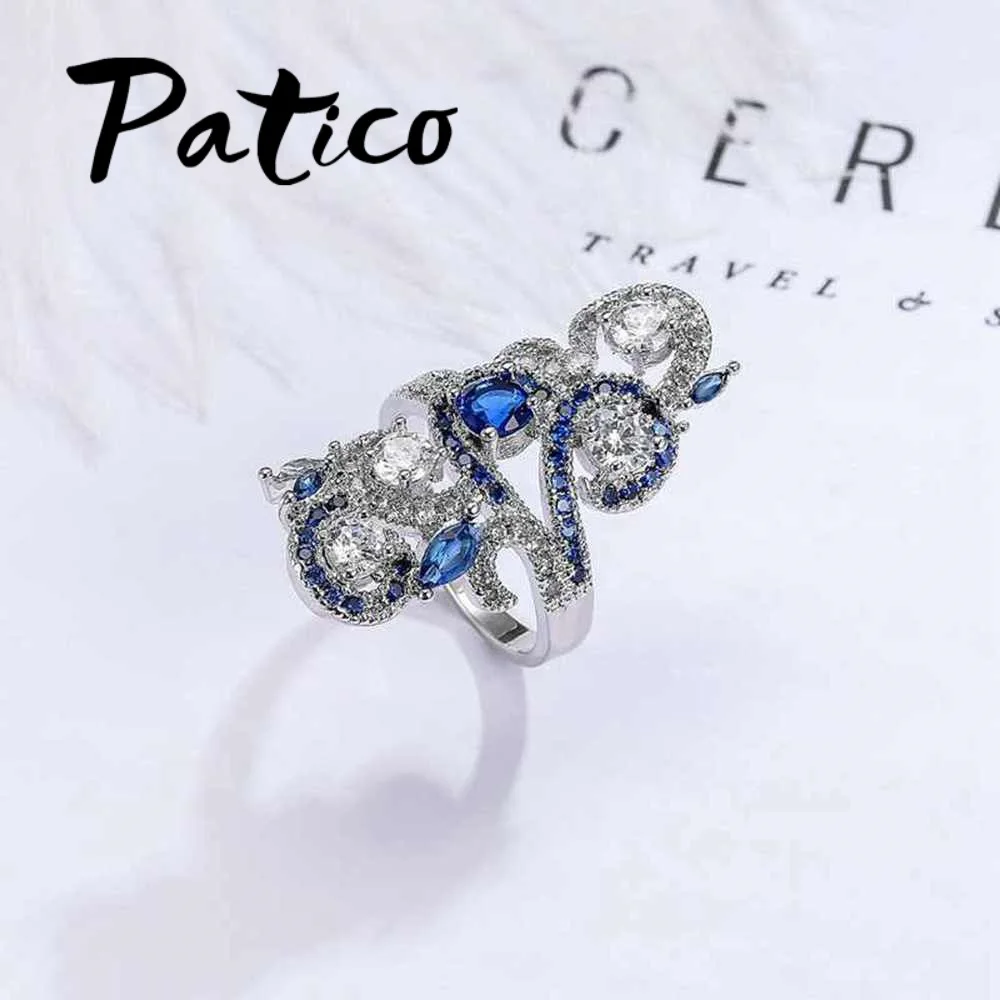 Большие дизайнерские кольца из стерлингового серебра 925 пробы свадебные кольца для женщин и мужчин синий кубический цирконий Ретро Кольца