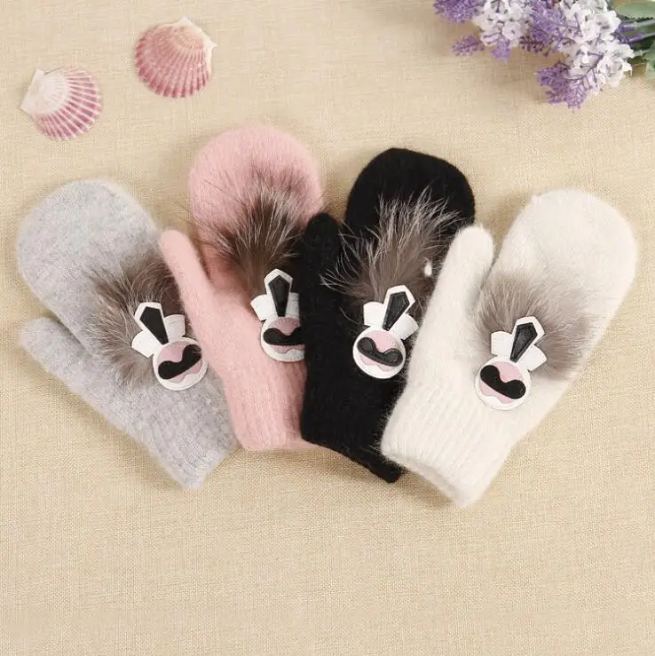 

Winter Warm Real Rabbit Fur Wool Gloves Cute Cartoon Pattern Knitted Gloves Christmas Gifts for Women Men
