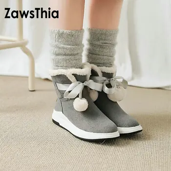 

ZawsThia 2020 winter wam plush fur woman shoes platform casual snow boots with pompom women cute ankle round toe boots size 43