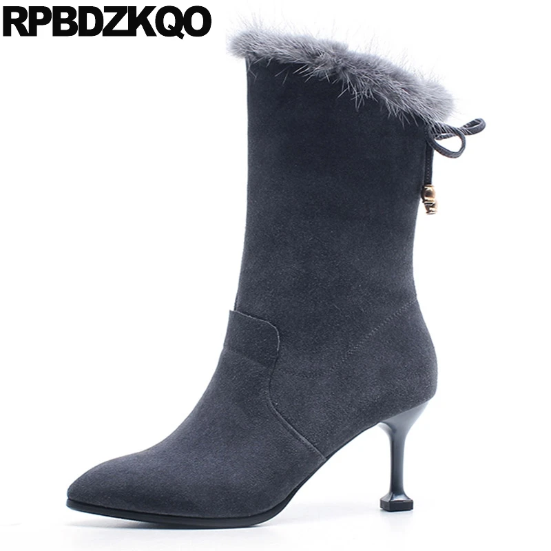 

Pointed Toe High Heel Fur Mid Calf Suede Luxury Female Genuine Leather Size 34 Winter Grey Real Stiletto Metal Brand Women Boots