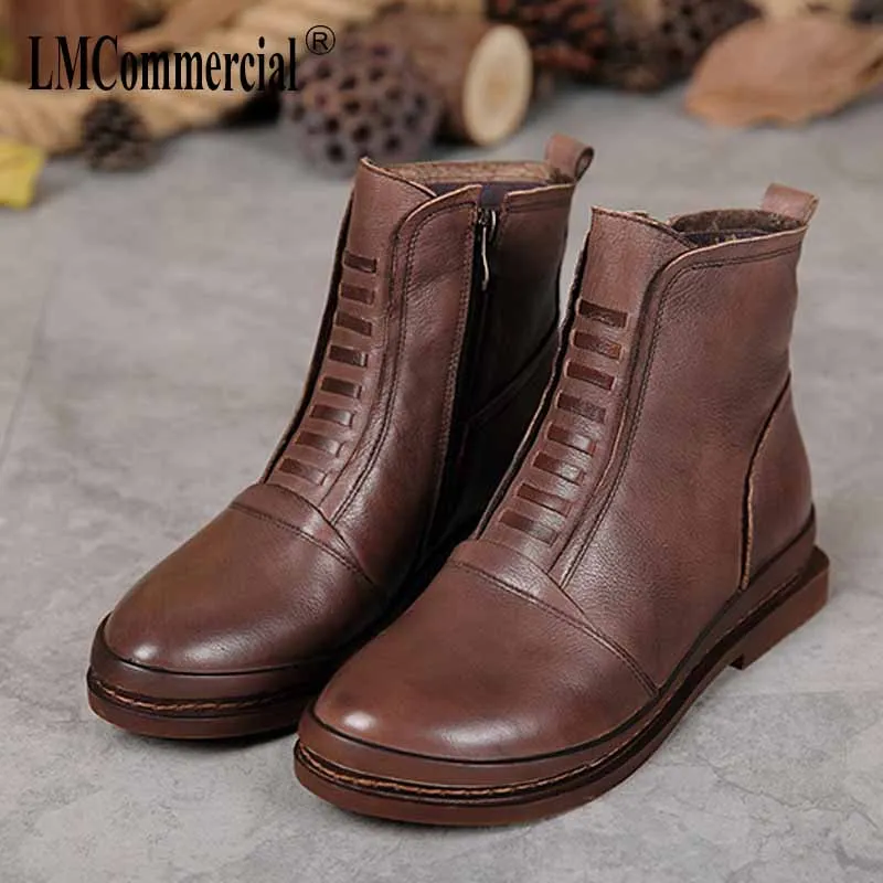 

autumn winter women's boots Genuine Leather leisure retro shoes all-match cowhide Ankle Chelsea boots woman anti-skid ladies