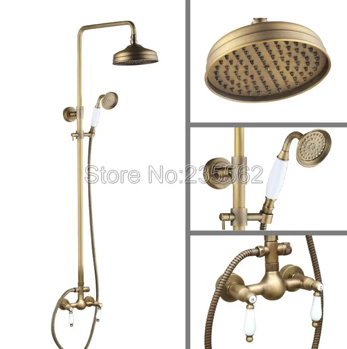 

Antique Brass Rainfall Shower Head with Handheld Spray Mixer Bathroom Shower Faucet Set lan117