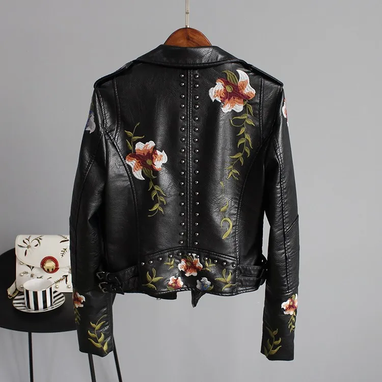 Women's Punk Floral Embroidery Faux Leather Jacket-1