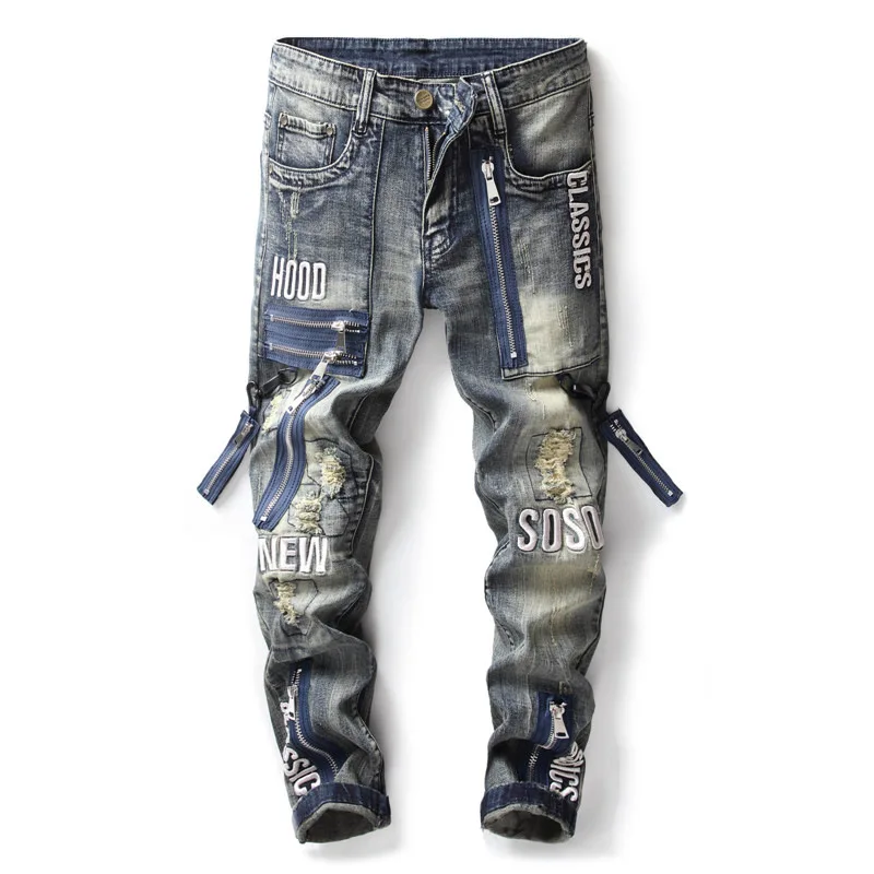 Sokotoo Мужские Винтажные молнии патч рваные джинсы тонкие прямые буквы вышивка Лоскутные потертые джинсовые штаны