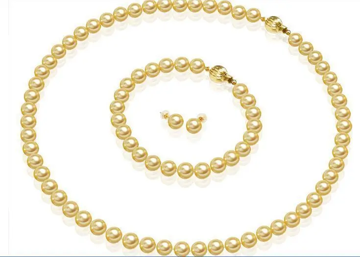 

Set18"9-10mm Natural south sea genuine gold pearl necklace bracelet 7.5" earring
