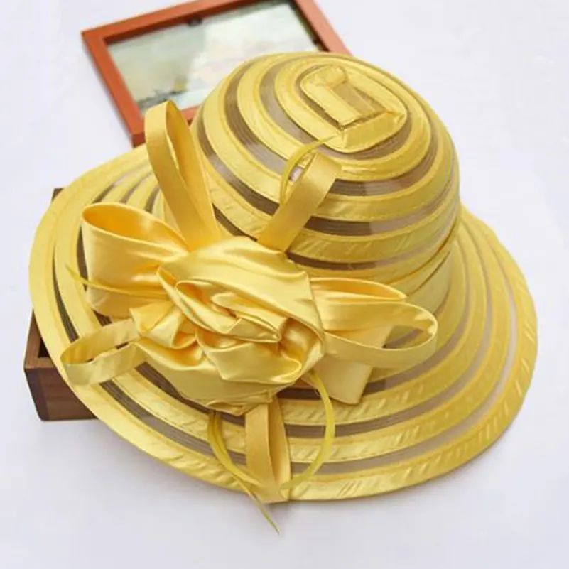 Новые модные женские летние шляпы из органзы с широкими полями и большим цветком, Шляпа Fedora, элегантный свадебный церковный вечерние шляпы - Цвет: Yellow