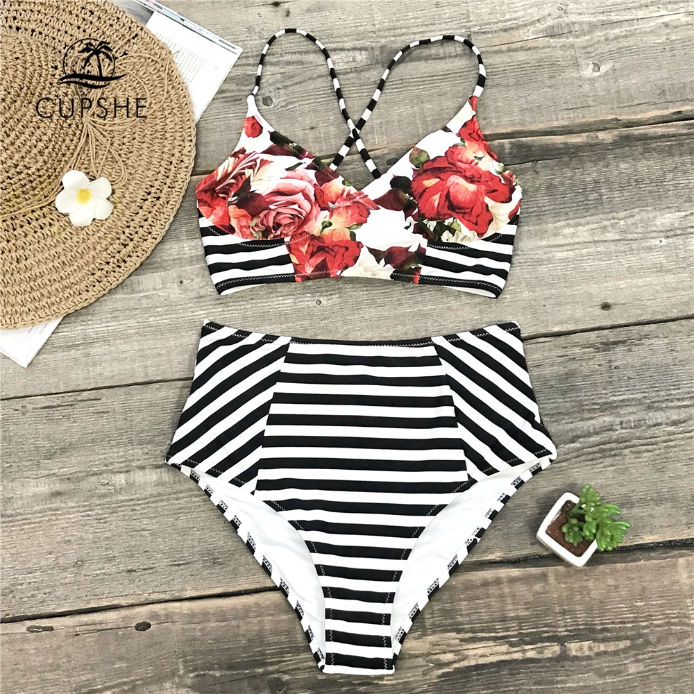 CUPSHE Floral And Stripe High Waist Bikini Sets Women Lace Up Two Pieces Swimsuits 2019 Girl Sexy Beach Bathing Suit Swimwear CUPSHE Floral And Stripe High Waist Bikini Sets Women Lace Up Two Pieces Swimsuits 2019 Girl Sexy Beach Bathing Suit Swimwear