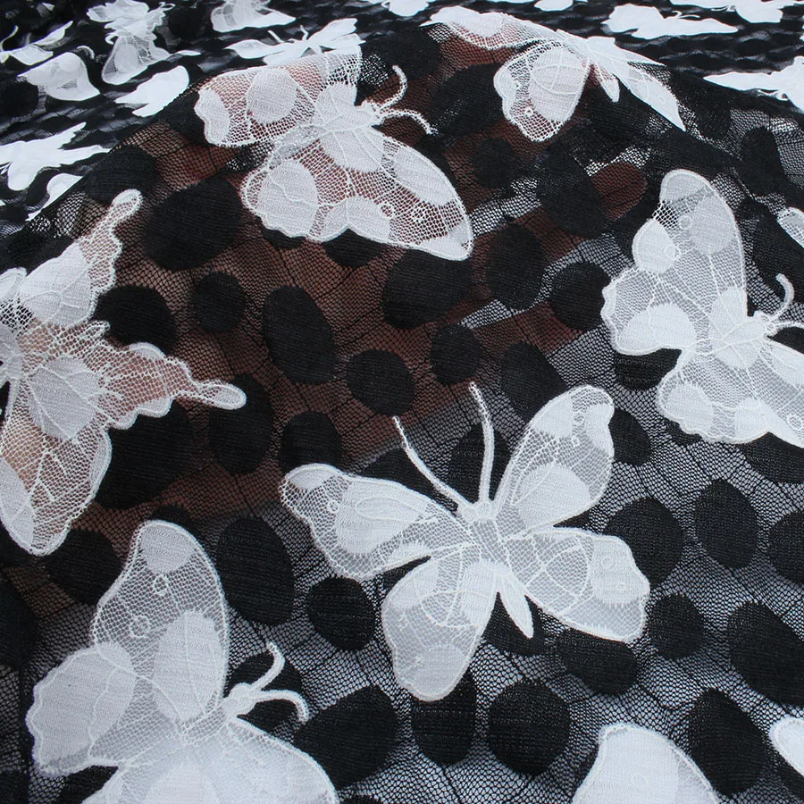 Elastic Mesh Fabric White Butterfly Black Dots Lace Dress Making