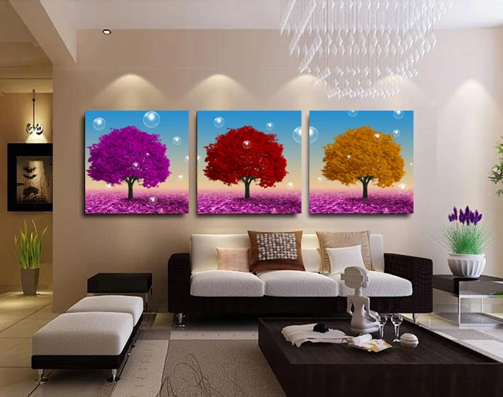Original Oil Ink 3 Panels Canvas Purple Red Brown Tree Painting On