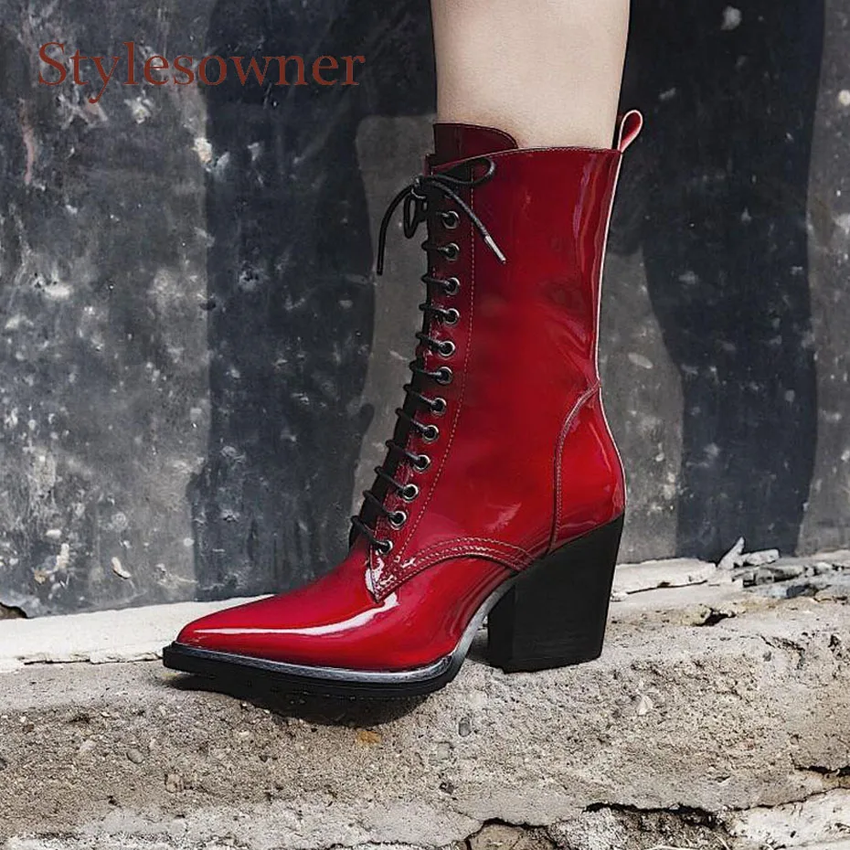 

Stylesowner solid color patent leather front cross tied martin boots females pointed toe chunky high heel women motorcycle boots