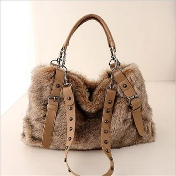 

Autumn And Winter New Europe And America Style Women's Bag Large Cpacity Fake Fur Shoulder Bag Imitation Fur Rivet Handbag