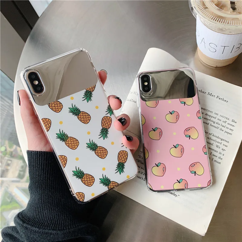 

Summer Cartoon Fruit Mirror Case For iphone XR X XS Max 6 6S 7 8 Plus Phone back cover fashion Painted Glossy Soft Cases Capa