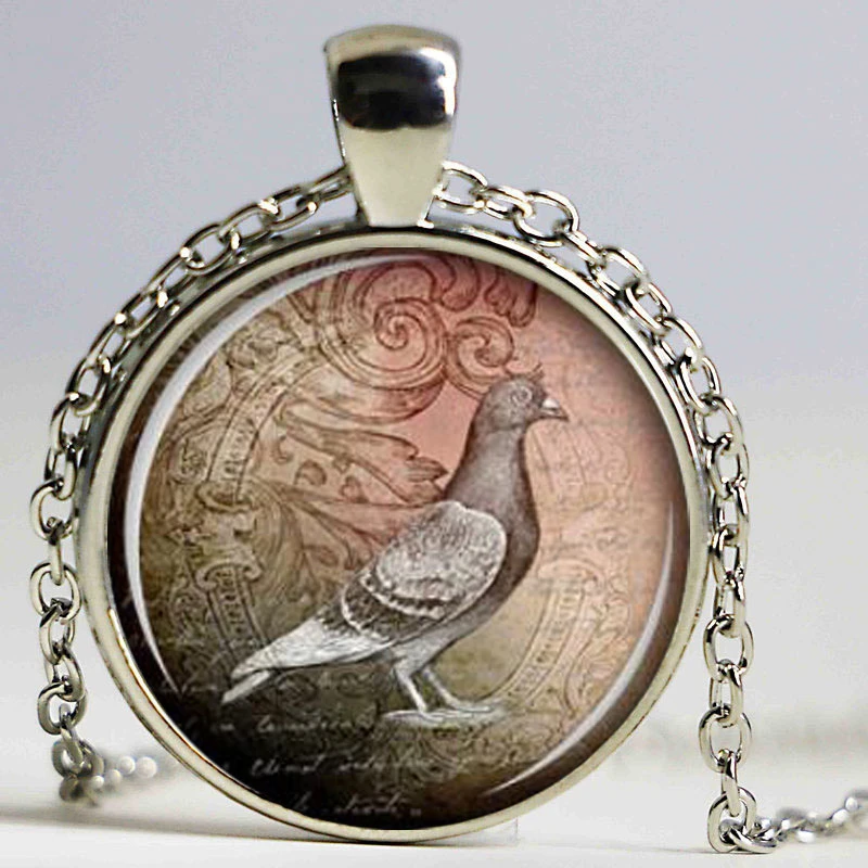 Vintage pigeon necklace pigeon pendant pigeon jewelry Glass Cabochon