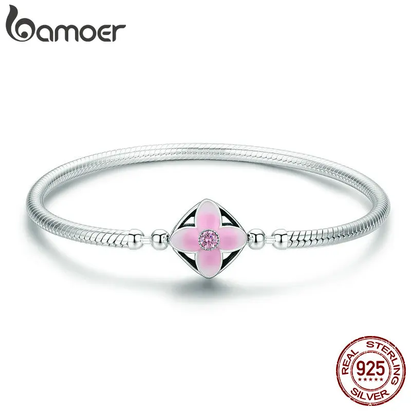 

BAMOER Authentic 925 Sterling Silver Spring Cherry Flower Square Clasp Snake Chain Bracelet Sterling Silver Jewelry S925 SCB065