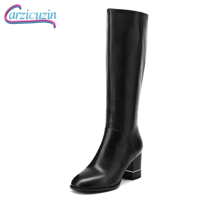 

Carzicuzin Women Knee High Boots Genuine Leather Winter Shoes Women Fashion Zipper Thick High Heels Warm Fur Boots Size 34-39