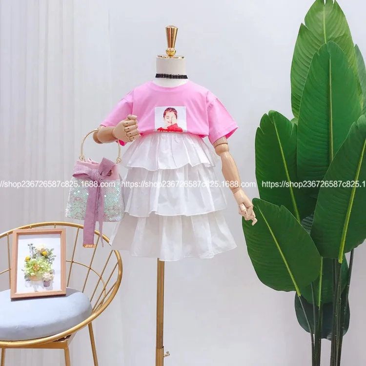 

2019 Summer New Girls' Powder Print T-Shirt with White Cake Skirt 2 Piece Set