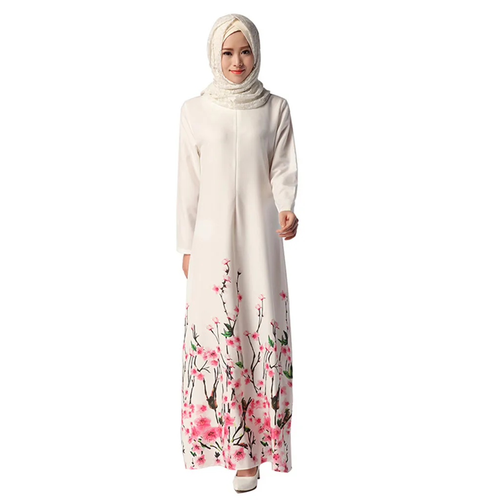 Мусульманское платье, летняя Элегантная туника с принтом, большое свободное платье, Вишневое длинное мусульманское платье, Рамадан, Высококачественная Туника vestidos - Цвет: White