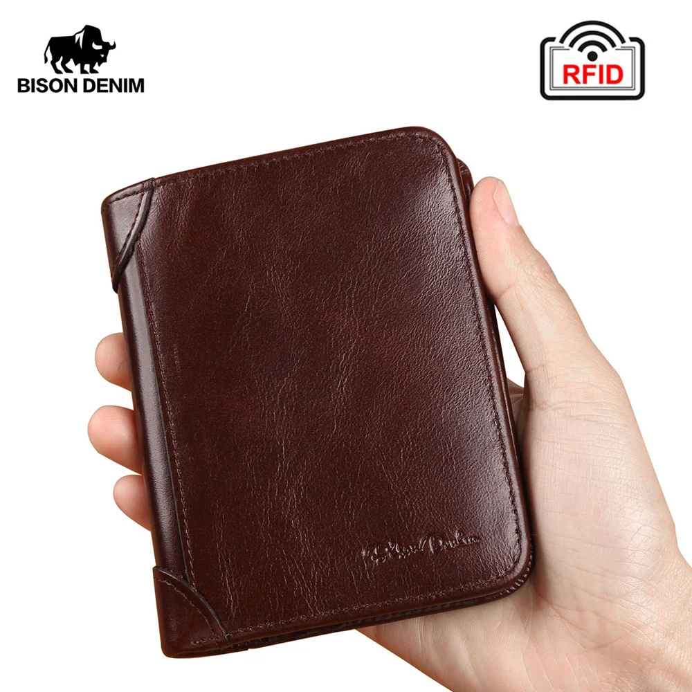 BISON DENIM Famous Brand Retro Vintage Genuine Leather Wallet Male RFID