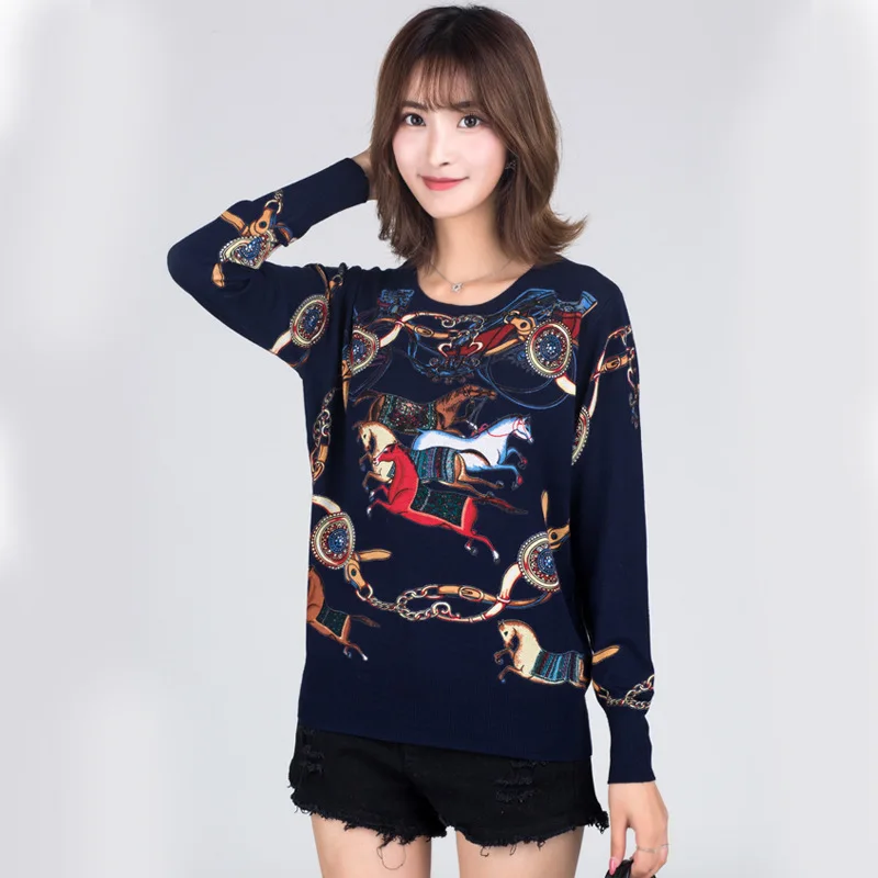 Winter Runway Sweater Women Luxury Brand Design Elegant Long-sleeve Loose Printed Sweater Knitted Pullovers Tops Feminino New