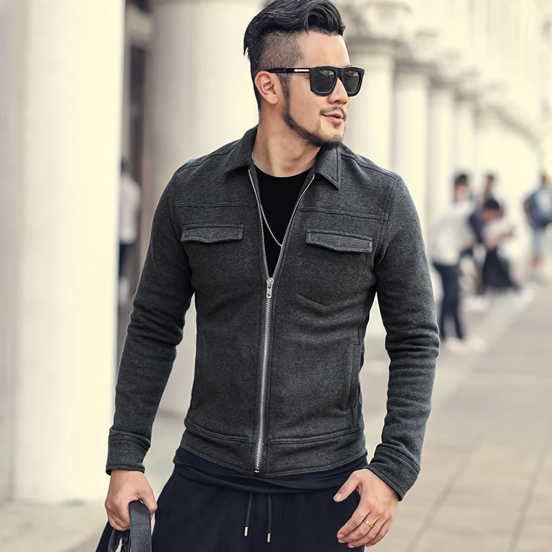 

New Winter Fleece Men's Lapel Casual Slim Cotton Sweatshirt Jacket Metrosexual Men Zipper European Style Joggers Hoodies F2139