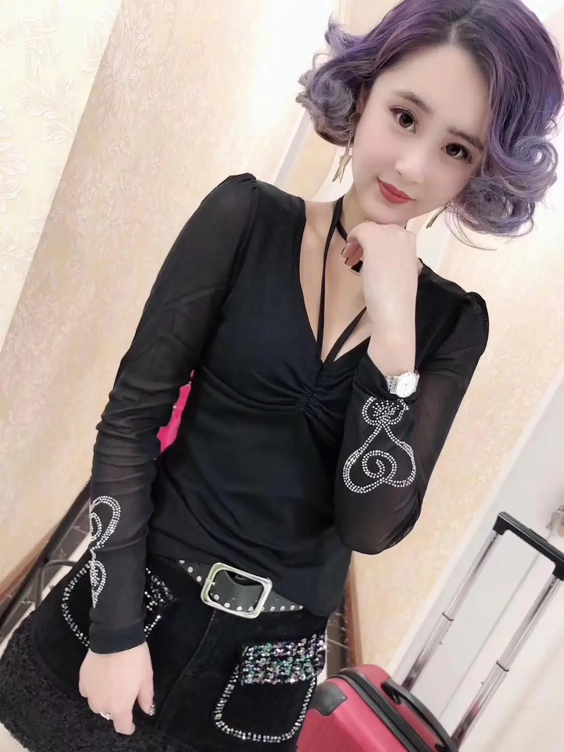 

Fashion European Sexy Mesh Lace Up Tshirt 2019 Autumn Summer Top Long Sleeve Diamonds Clothes Shirt Camiseta Mujer Shirt T97117