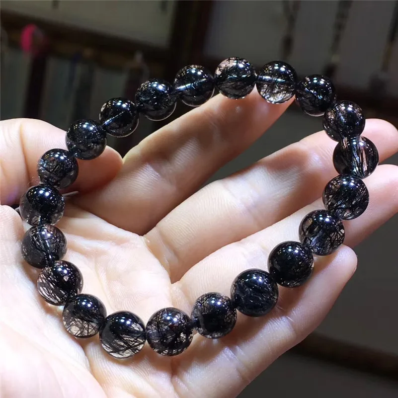 

9mm Natural Black Hair Rutilated Quartz Bracelet Crystal Women Men Love Gift Classic Stone Charm Stretch Round Beads Jewelry
