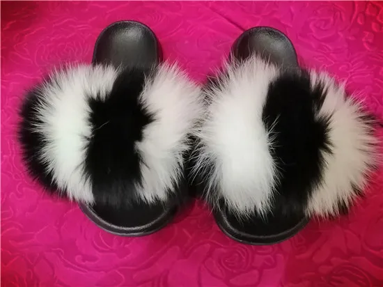 COOLSA Hot Women's Striped Plush Fur Slippers Super Fluffy Furry Fox Fur Slides Travel Quick Drying Beach Flip Flops Plus Size - Цвет: as picture shows