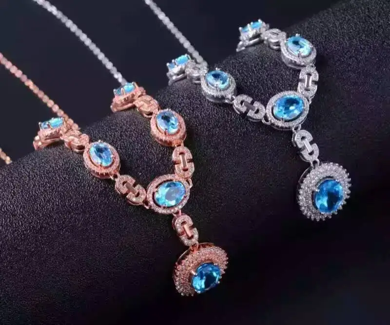 

Natural blue topaz Necklace natural gemstone Pendant Necklace S925 silver trendy Luxury lock round women party fine Jewelry