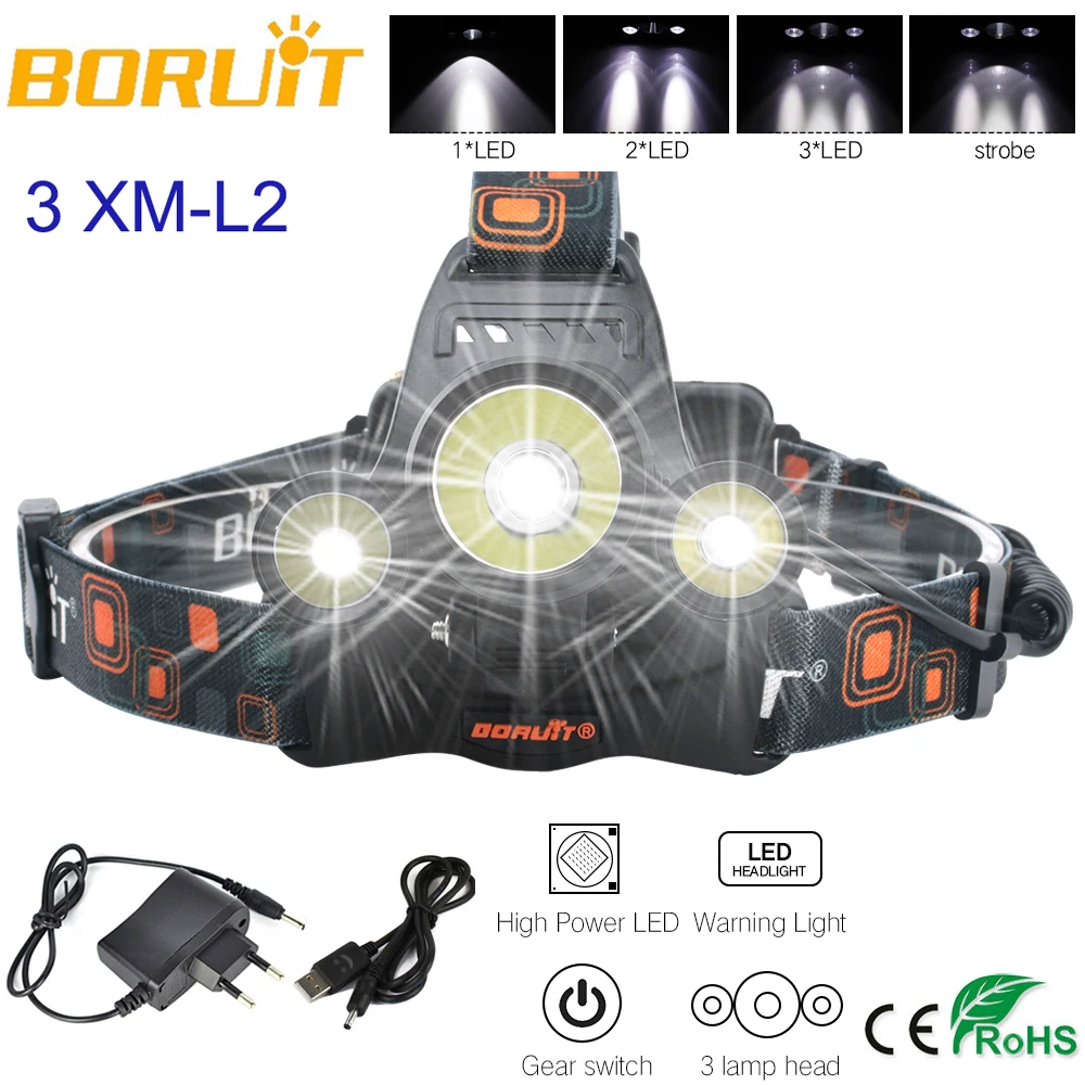 Налобный фонарь BORUIT 8000 лм 3 x CREE светодиодный 18650 4 режима перезаряжаемый налобный +