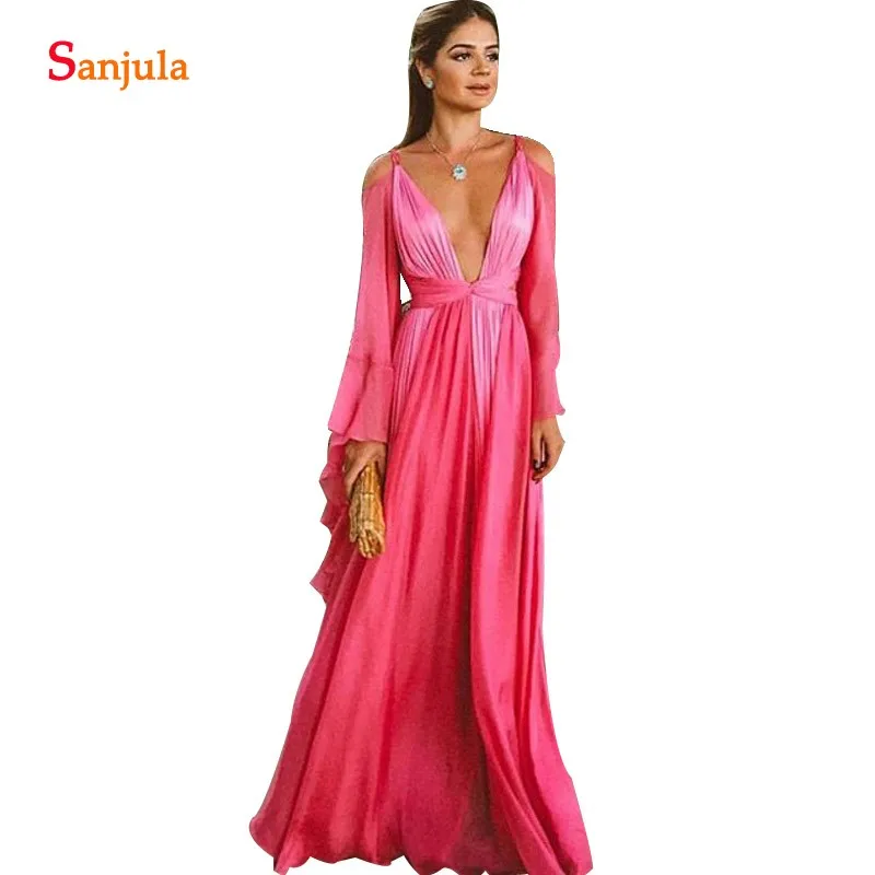 

Deep V-neck Long Sleeves Wedding Party Dress Women A-line Long Fuchsia Chiffon Bridesmaid Gowns Vestido Invitada BY85