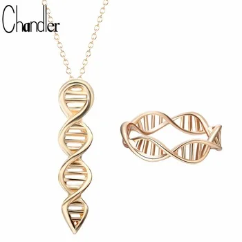 Chandler Sliver Gold Color Science DNA Shape Rings & Necklace For Women Chemistry Molecule Statement Wedding Bridal Jewelry set