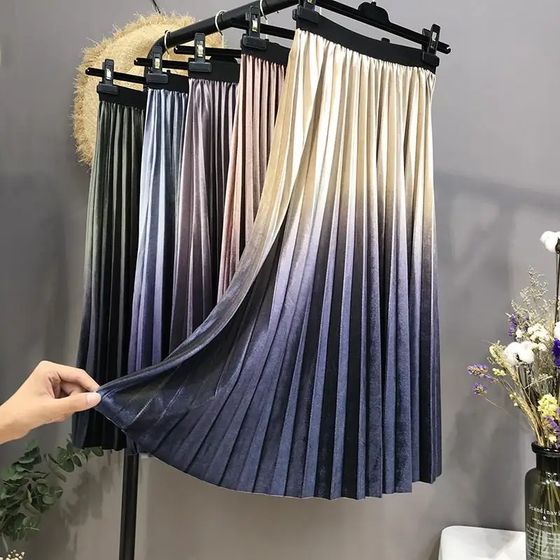 

2018 Women Autumn Winter Gradient Color Velvet Elegant Long Skirt Ladies High Waist Skinny Large Swing A-line Pleated Skirts V16