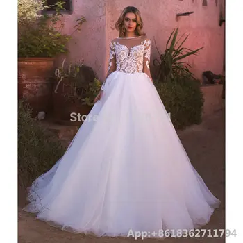 

Vestido de noiva Vintage Long Sleeves Scoop Wedding Dresses Backless Lace Appliques Tulle Wedding Gowns Bridal Dresses Boda