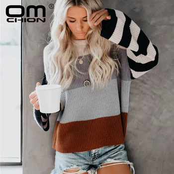 

OMCHION Pull Femme 2019 Autumn O Neck Striped Korean Style Women Sweater Casual Loose Pullover Oversized Winter Jumper LMY139