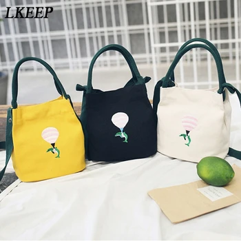 

Summer Women Bag Canvas Slung Shoulder Bag Small Fresh Literary Embroidery Bucket Women Handbag Casual top-handle Bag