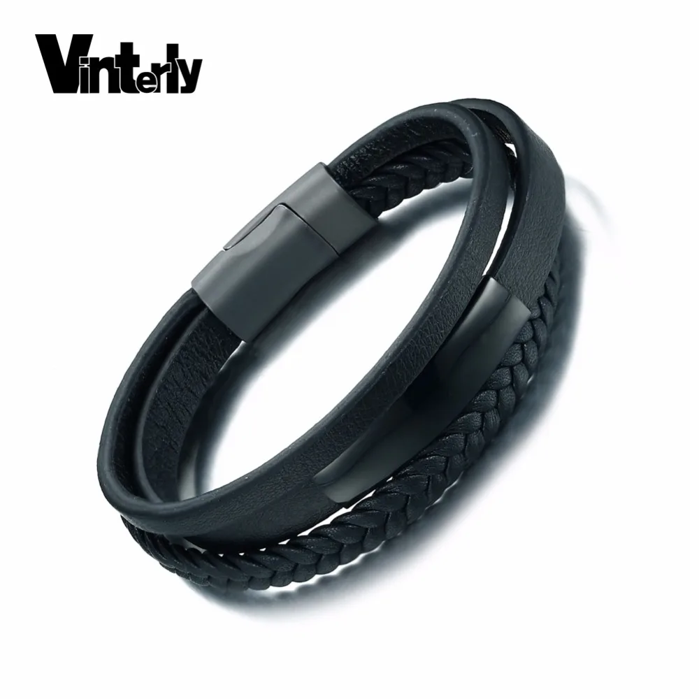 Vinterly Black Genuine Leather Men Bracelet Clasps