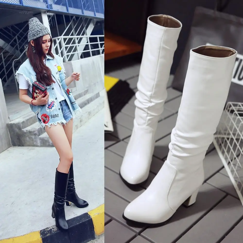

Knee High Women Boots Round Toe Pu Short Plush Footwear High Heels Female Boots 2019 Black white Plus Size 33-43