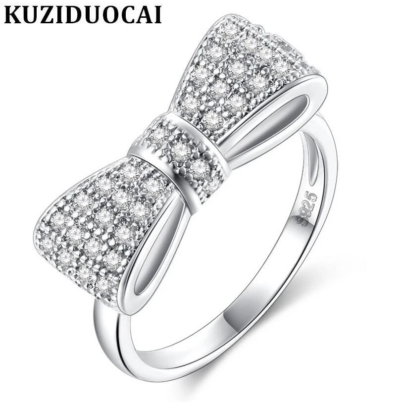 

Kuziduocai New Fashion Jewelry Stainless Steel Zircon Bow-knot Carving Wedding Rings For Women Girl Gifts Anillo Anel Bague R-55