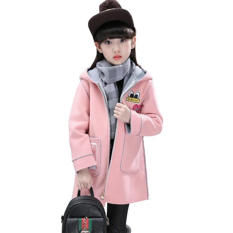 Пальто с капюшоном для девочек; сезон осень-зима; шерстяные куртки для девочек; зимняя верхняя одежда; Верхняя одежда для детей; пальто для подростков; Детский костюм; От 5 до 12 лет - Цвет: Pink