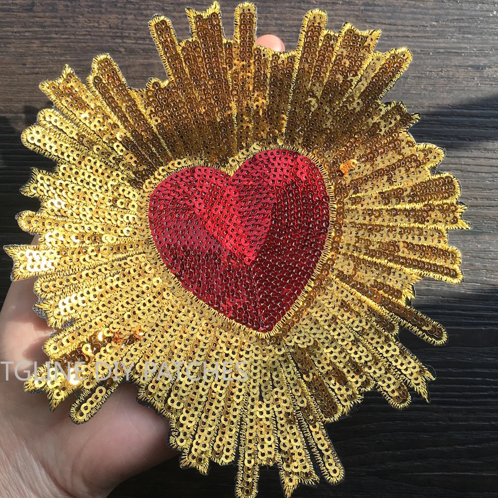 

1Piece Red Heart Gold Sequin Patches Iron on Embroidery Applique Patch for Clothes DIY Fashion Parches LSHB801