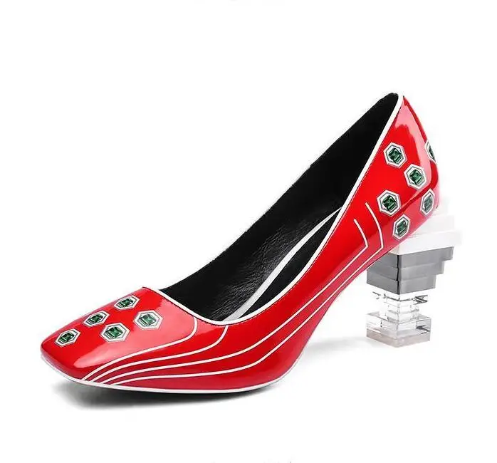 

2019 Latest Women Strange Clear Heel Name Brand Pumps Real Leather Patchwork High Heels Slip-on Square Toe Sexy Party Shoes